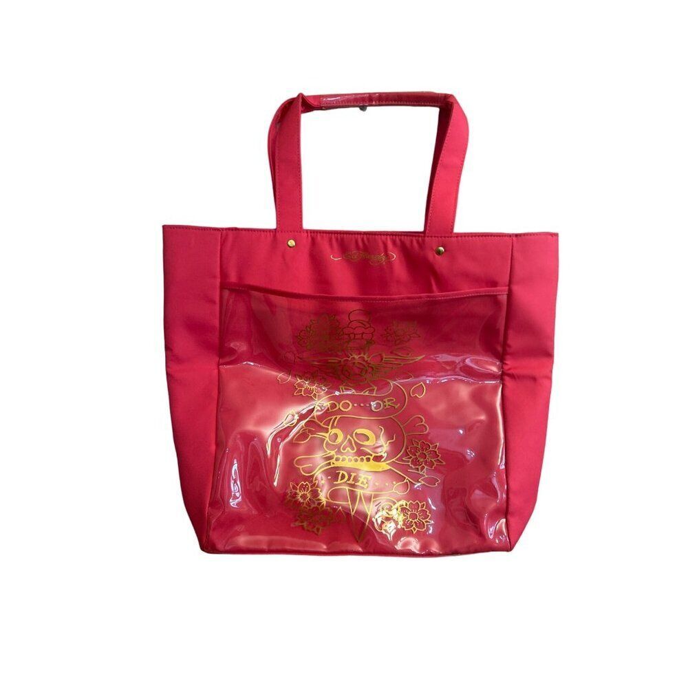 Ed Hardy Hot Pink Tote Bag With Gold Skull Print & Clear PVC Pocket